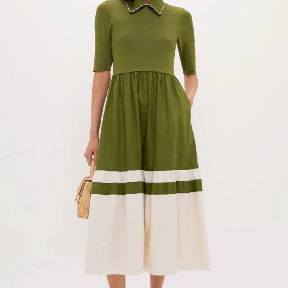 Tuckernuck Olive Green and White Long Sleeve Midi Dress - Picture 2 of 6